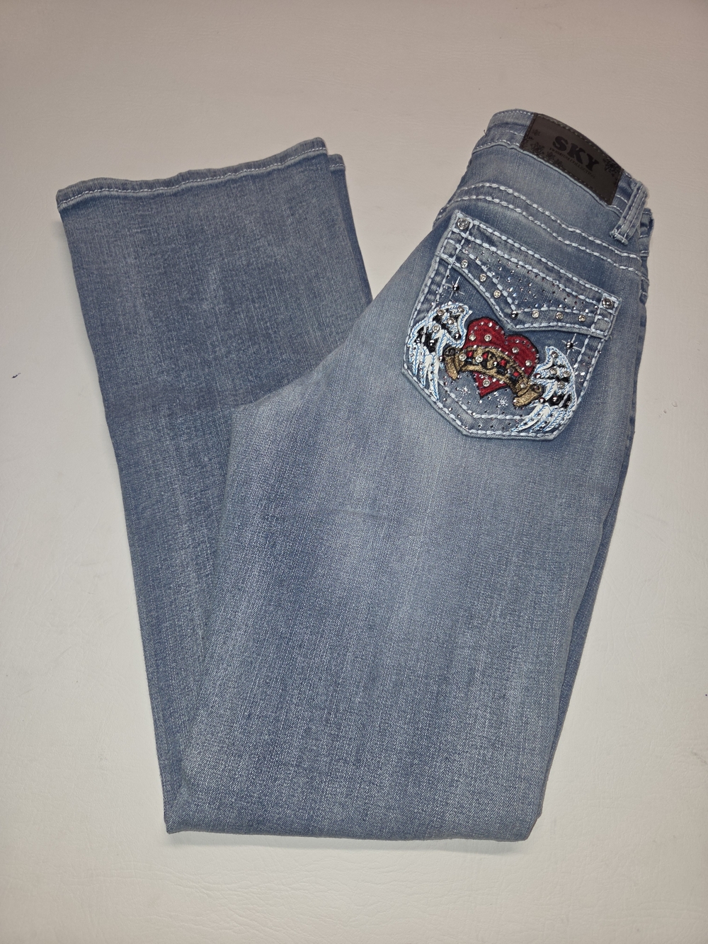 Sky Super Soft Bootcut Jeans with Rhinestone Heart embroidery y2k style 7/8 New